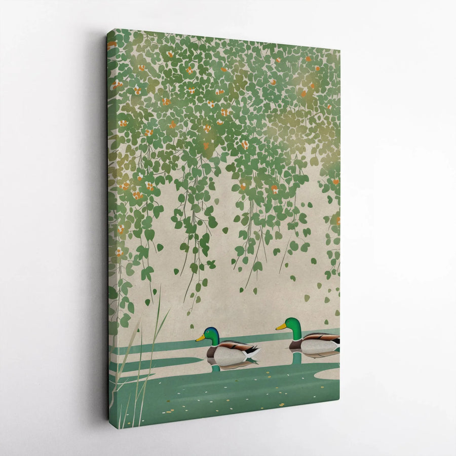 Vintage Mallard Duck Vertical Canvas | Serene Pond Botanical Illustration | Premium Gallery-Wrapped Art | Nature Lover Gift for Home Decor