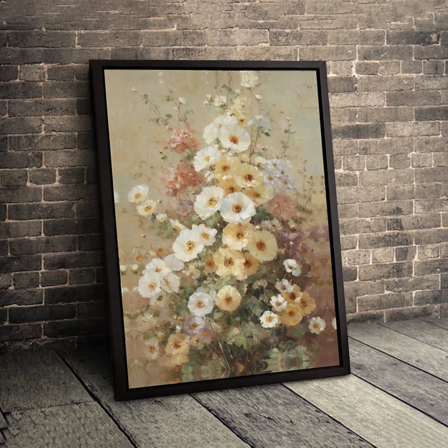 Vintage Impressionist Flower Canvas Print | Cream And Yellow Floral Still Life | Gallery Quality 1.25 Inch Wrap | Elegant Home Decor Wall Art
