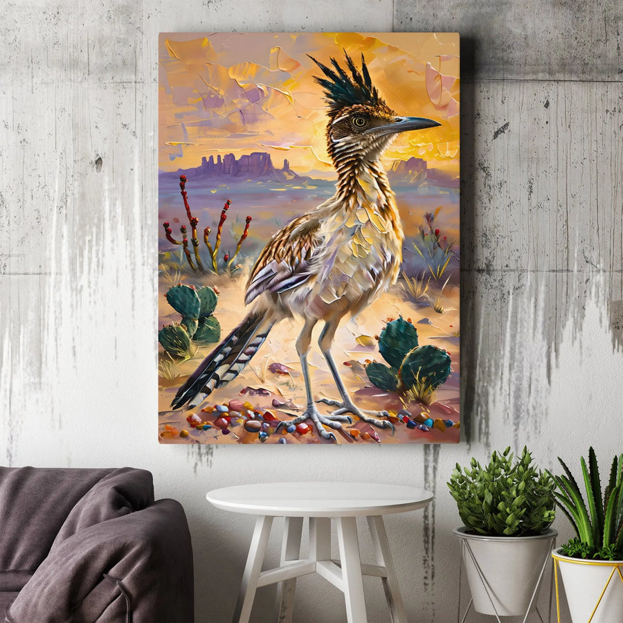 Roadrunner Wall Art | Desert Landscape Impasto Painting | Premium Gallery-Wrapped Canvas Print | Southwestern Home Decor Gift