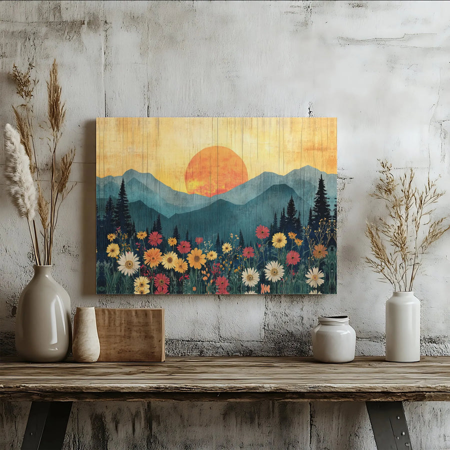 Mountain Sunset Canvas Art | Wildflower Meadow Landscape Print | Premium 1.25 Inch Gallery Wrap | Nature Wall Decor Gift for Home Office
