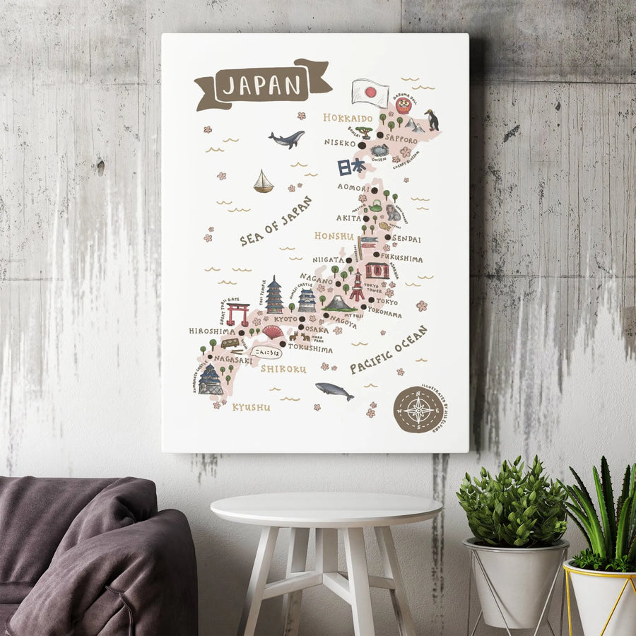 Japan Illustrated Map Print | Travel Wall Art with Landmarks | Premium Gallery Canvas | Home Decor Gift for Travelers