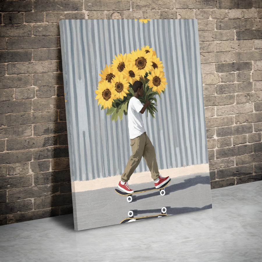 Black Art Sunflower Canvas Wall Art | Skateboarder with Flowers Print | Premium Gallery Wrapped Canvas | Modern Urban Home Decor Gift
