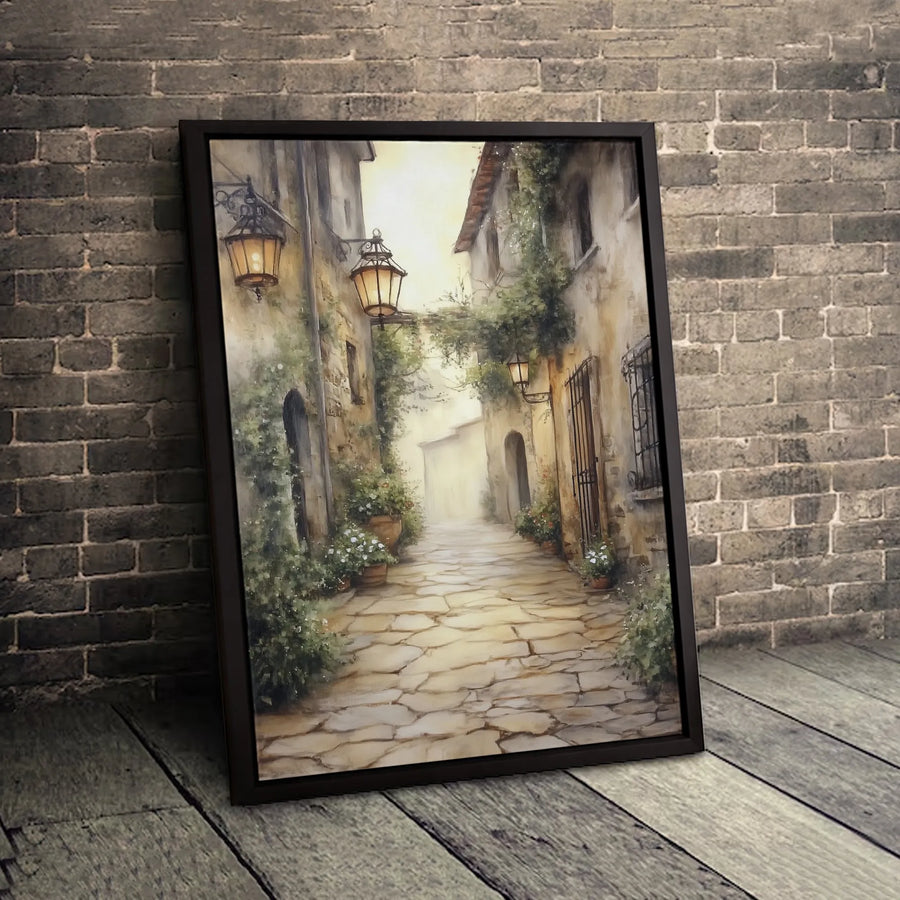Italian Street Canvas Art | Tuscan Cobblestone Lane with Lanterns | Premium 1.25-Inch Gallery Wrap | Romantic Home Decor Gift for Travel Lovers