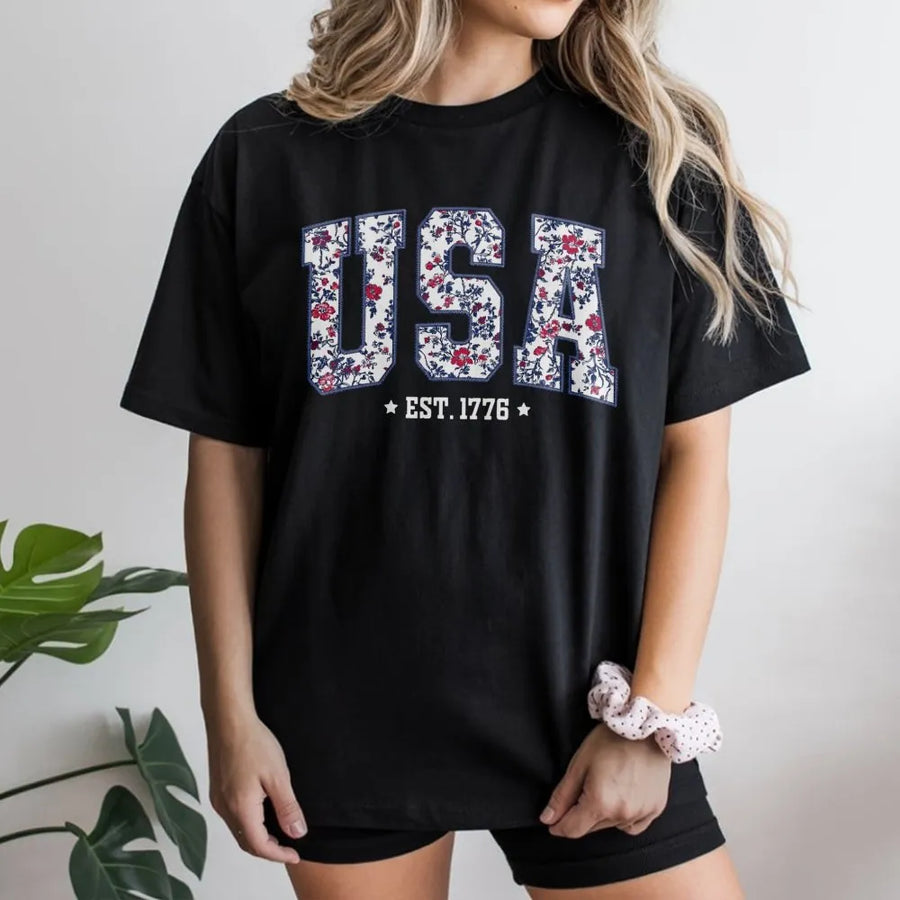 Patriotic USA T-Shirt | Floral Est. 1776 Graphic Sweatshirt | Premium Cotton Blend | 4th of July Gift for Women