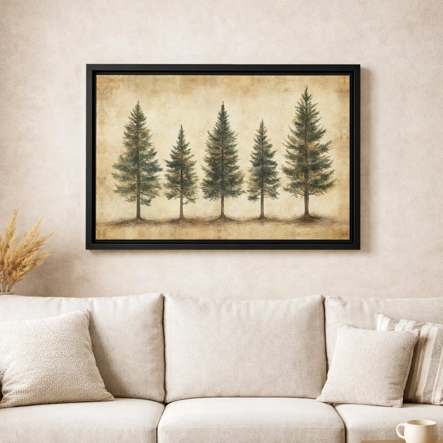 Pine Tree Canvas Wall Art | Rustic Vintage Forest Botanical Sketch | Premium Gallery Wrapped Decor | Nature Lover Gift