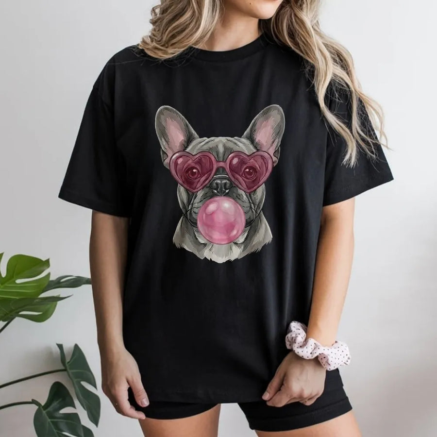 French Bulldog T-Shirt | Heart Glasses & Bubble Gum Graphic | 100% Cotton Premium Tee | Cute Frenchie Dog Lover Gift for Her