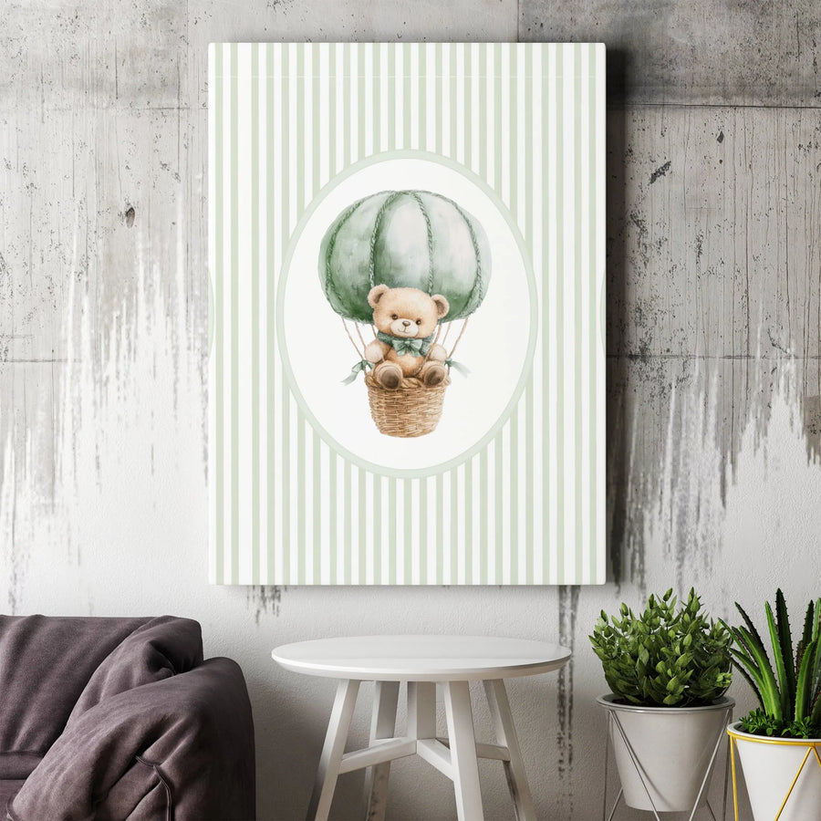 Watercolor Teddy Bear Wall Art | Green Hot Air Balloon Print | Premium Gallery Wrap Canvas | Nursery Decor or Baby Shower Gift