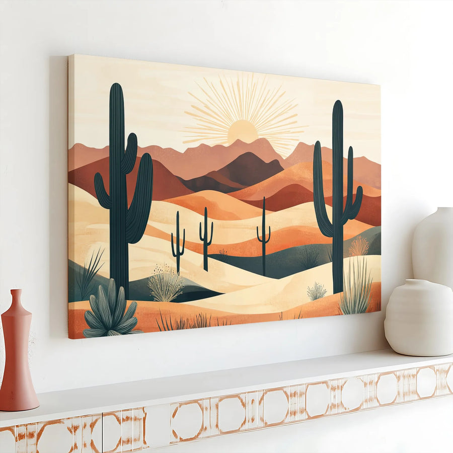 Southwestern Desert Canvas Wall Art | Modern Cactus Mountain Print | Premium Gallery Quality Canvas | Boho Living Room Decor Gift