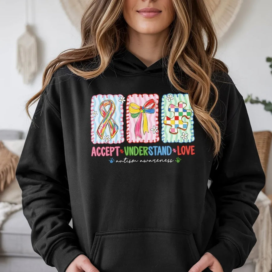 Autism Awareness Hoodie | Accept Understand Love Graphic | Premium Cotton Blend Unisex Sweatshirt | Gift for Autism Moms and Advocates