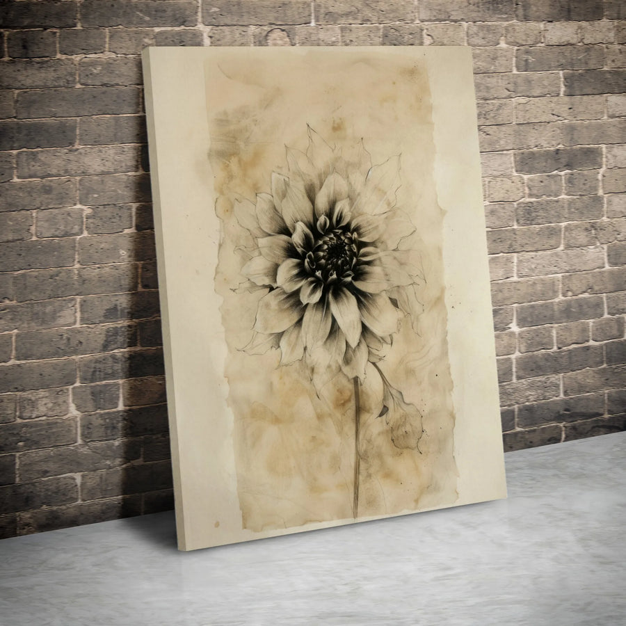 Vintage Dahlia Flower Vertical Canvas | Botanical Sketch on Aged Paper | Premium Frameless Wall Art | Minimalist Farmhouse Decor Gift