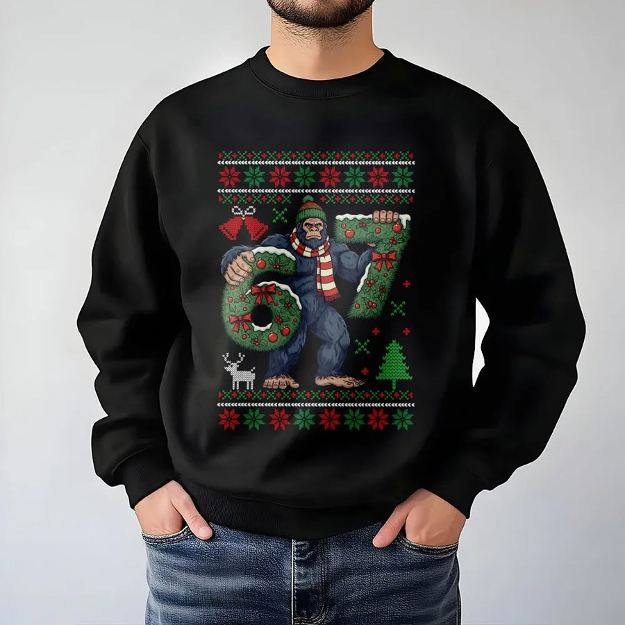 Bigfoot 67 Christmas Sweatshirt | Funny Sasquatch Ugly Sweater Pattern | Premium Cotton Blend Crewneck | Unisex Holiday Birthday Gift