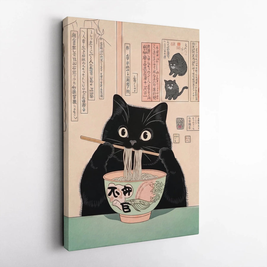 Japanese Black Cat Ramen Canvas Art | Ukiyo-E Style Wall Decor | Premium Fade-Resistant Print | Quirky Kitchen & Home Gift