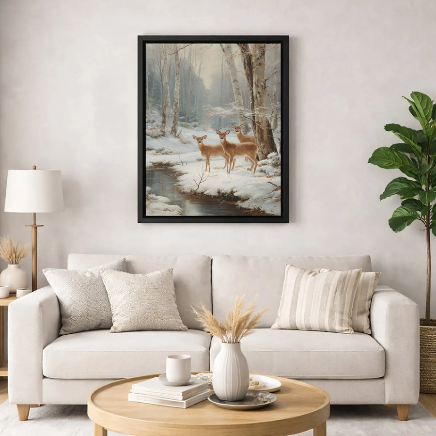 Three Deer In Snowy Forest Canvas | Winter Wildlife Wall Art | Gallery Quality 1.25 Inch Thick Profile | Nature Lover Home Decor Gift