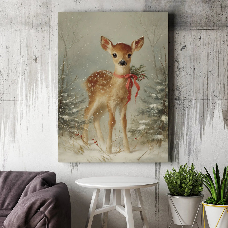 Vintage Christmas Fawn Canvas Wall Art | Snowy Forest Deer Holiday Decor | Premium Gallery Wrap Print | Festive Nursery and Winter Home Gift