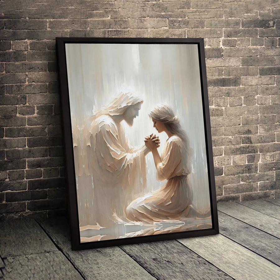 Jesus Holding Hands Praying Woman Canvas | Religious Wall Art | Premium Gallery Wrapped Print | Christian Home Decor Gift for Believers