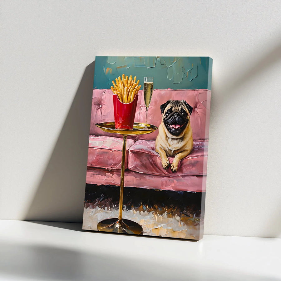 Pug Wall Art Canvas | Whimsical French Fries and Champagne Oil Painting | 1.25" Gallery Wrap | Unique Dog Lover Gift for Home Decor