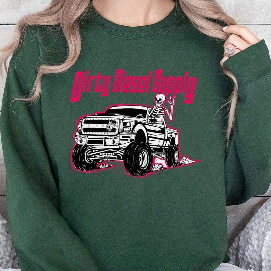 Diesel Truck Skeleton Sweatshirt | Pink Graphic Off-Road Design | Premium Cotton Blend | Gift for Truck Enthusiasts & Gearheads