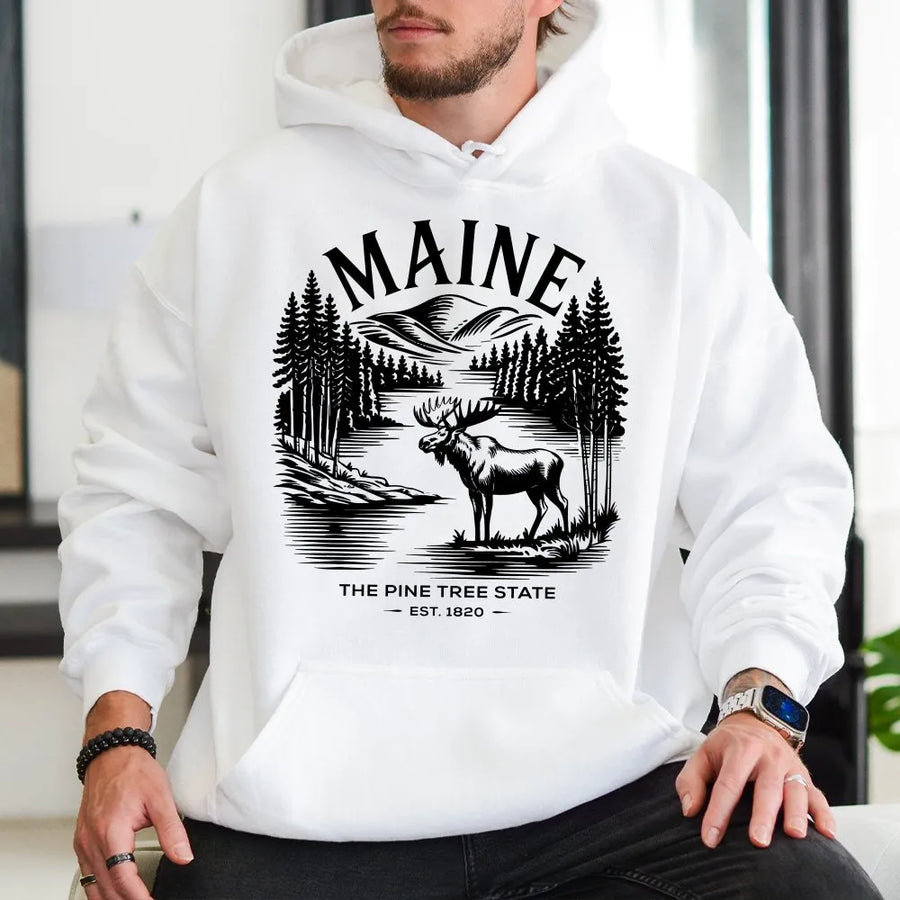 Maine Moose Hoodie | Vintage Pine Tree State Graphic Tee | Soft Cotton Unisex Shirt | USA Road Trip Souvenir Gift for Men & Women