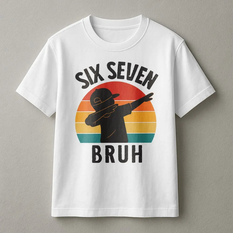 Six Seven Bruh T-Shirt | Retro Dabbing Kid Graphic | Premium Cotton Streetwear | Funny 7th Birthday Gift For Boys