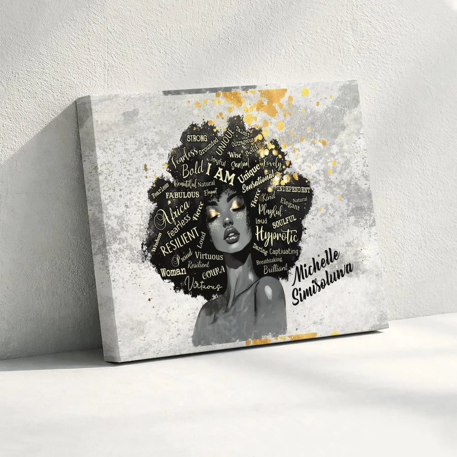 Black Woman Afro Art Canvas | Inspirational Quote Wall Decor | Premium 1.25-Inch Gallery Wrap | Empowering African American Gift for Her