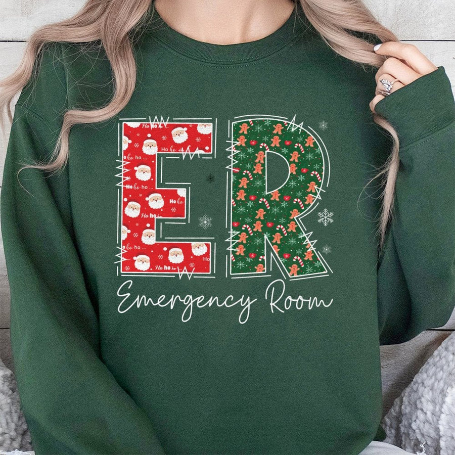 ER Nurse Christmas Sweatshirt | Emergency Room Festive Graphic | Cotton Polyester Blend | Holiday Gift For Nurses, Doctors, And Medical Staff