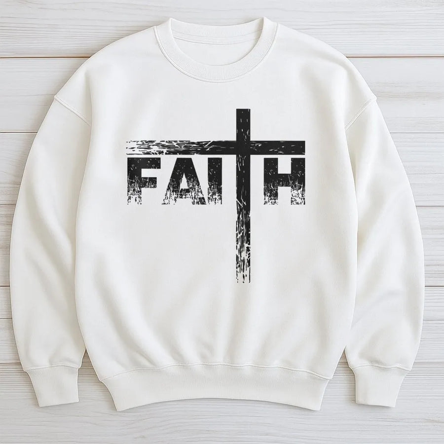 Faith Cross Sweatshirt | Distressed Typography Religious Design | Premium Cotton Blend | Christian Gift for Men and Women