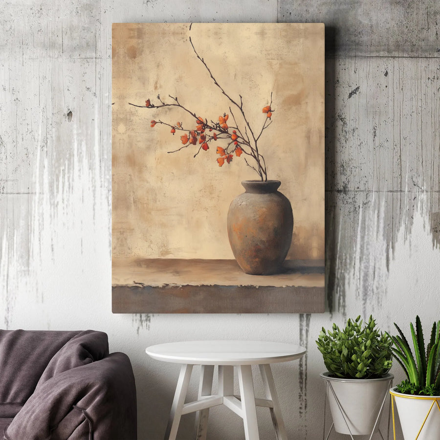 Rustic Floral Vase Canvas Print | Japandi Style Botanical Art | Premium Gallery Wrapped Canvas | Living Room & Bedroom Decor Gift