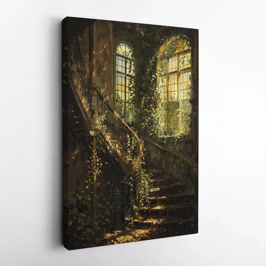 Abandoned Mansion Staircase Canvas Art | Overgrown Ivy Architecture Print | Premium Gallery-Wrapped Wall Decor | Gothic Home Aesthetic Gift