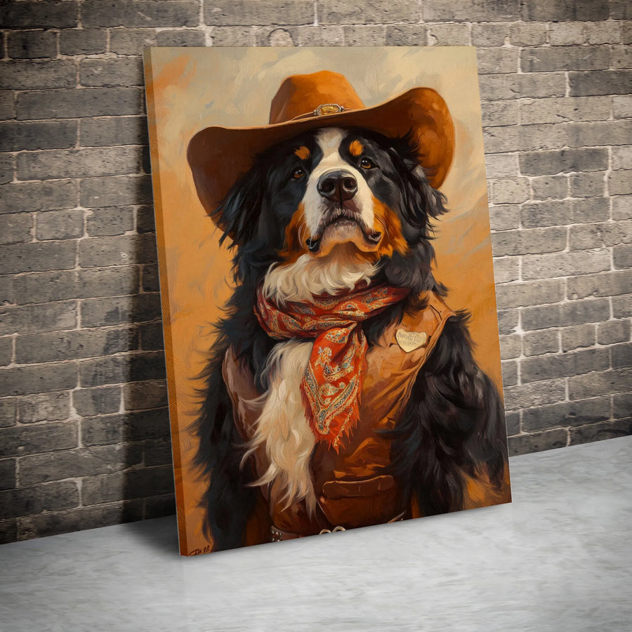 Cowboy Bernese Mountain Dog Canvas | Western Pet Wall Art Portrait | Premium Fade-Resistant Print | Unique Dog Lover Gift