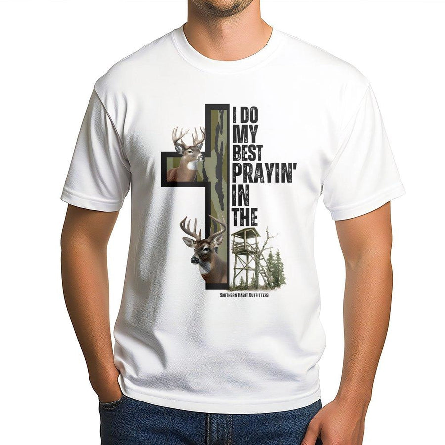 Deer Hunting T-Shirt | I Do My Best Prayin In The Deer Stand Cross Design | 100% Premium Cotton | Faith-Based Apparel Gift For Hunters