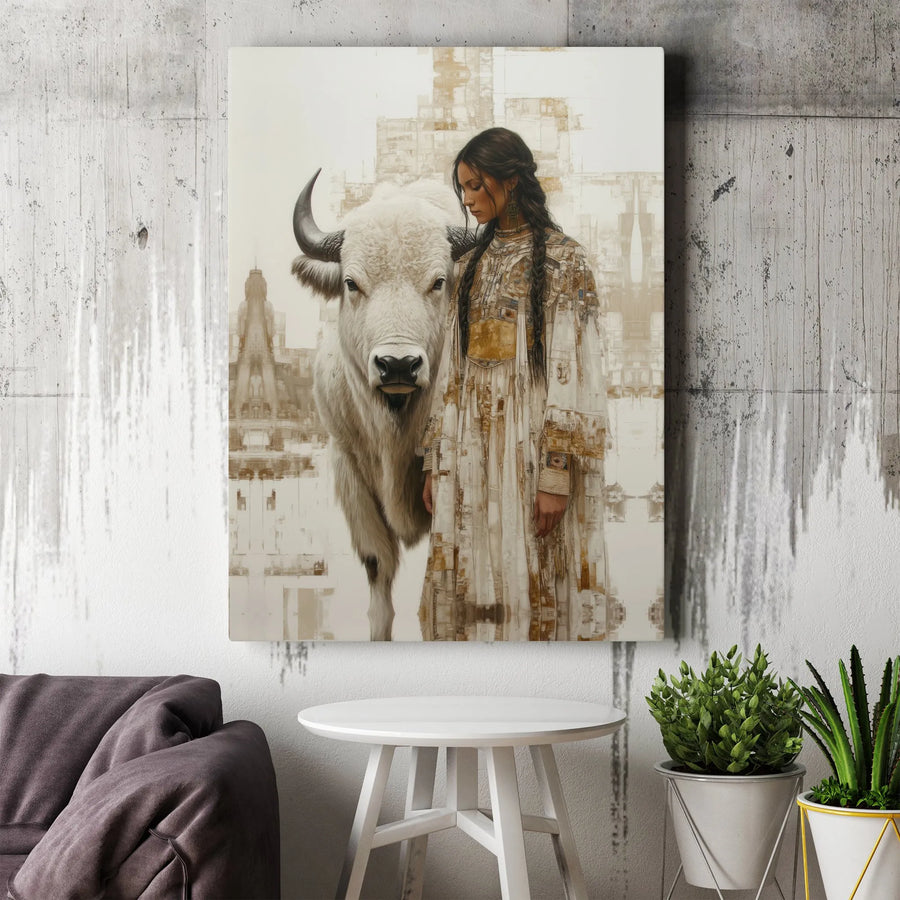White Buffalo and Native American Woman Canvas Art | Abstract Western Wall Decor | 1.25-Inch Premium Gallery Profile | Spiritual Native American Wall Art Gift