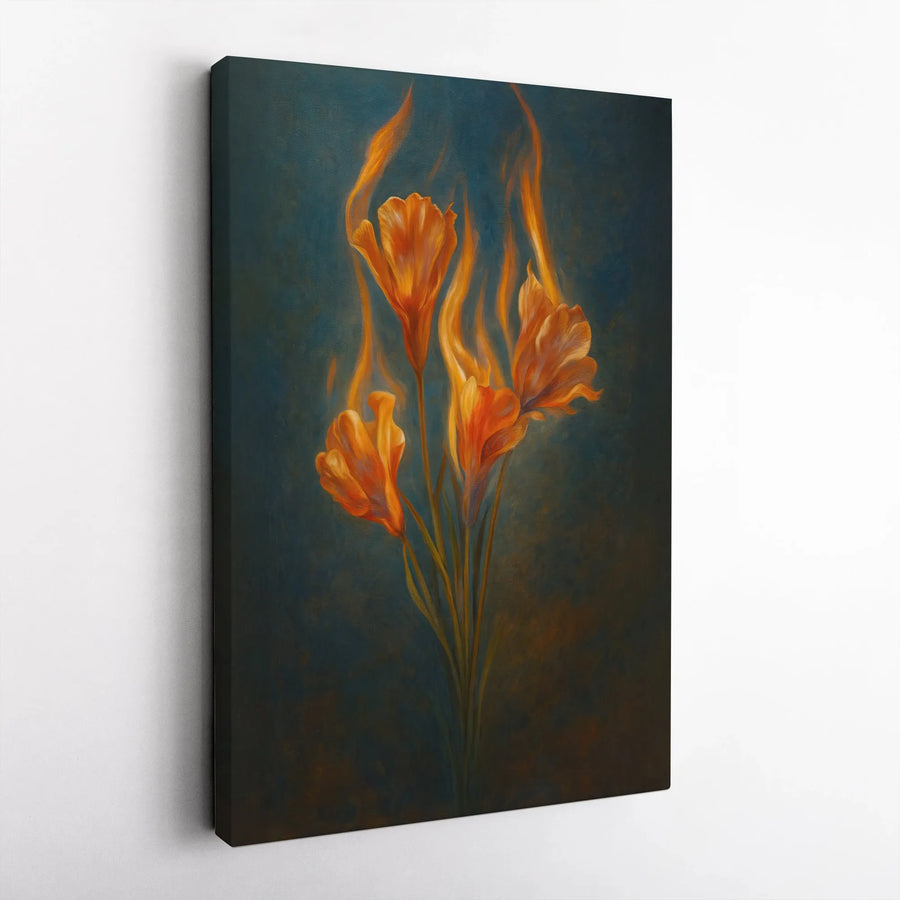 Burning Orange Flower Canvas Wall Art | Surreal Botanical Fire Painting | Gallery-Wrapped Premium Print | Moody Home Decor Gift for Her