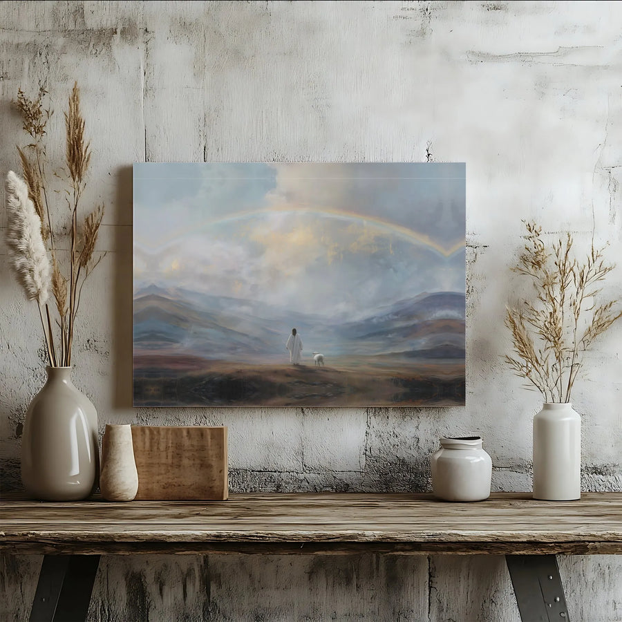 Jesus Walking With Lamb Canvas Wall Art | Serene Mountain Rainbow Landscape | Premium 1.25" Gallery Wrap | Inspirational Christian Home Decor Gift