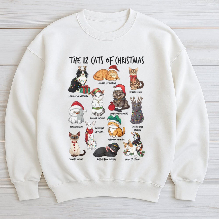 12 Cats Of Christmas Sweatshirt | Festive Holiday Pet Graphic | Premium Cotton Blend | Funny Xmas Gift For Cat Lovers