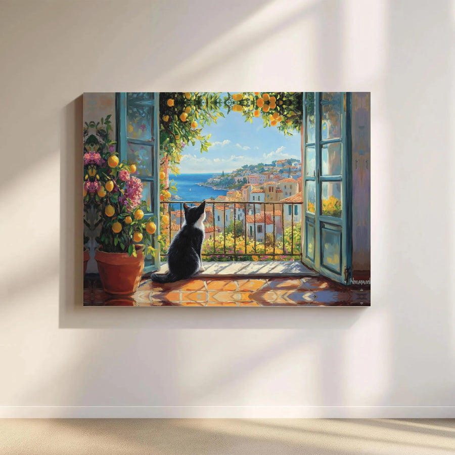 Tuxedo Cat Wall Art | Mediterranean Balcony with Lemon Trees | Gallery Wrap Canvas Print | Coastal Italian Villa Decor for Cat Lovers
