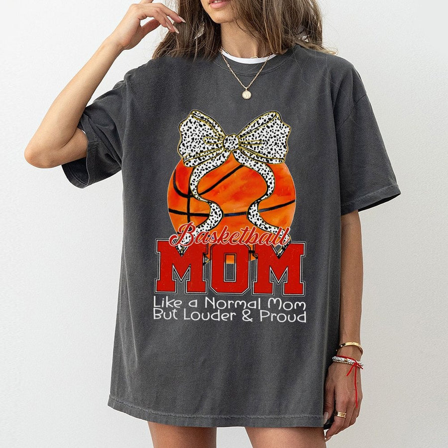 Basketball Mom T-Shirt | Loud and Proud Game Day Apparel | 100% Cotton Premium Tee | Cute Bow Design Gift for Basketball Fan Moms