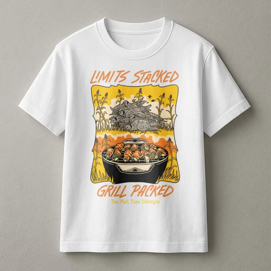 Dove Hunting T-Shirt | Limits Stacked Grill Packed Graphic | Premium Soft Cotton Tee | Outdoor Sports Gift For Hunters