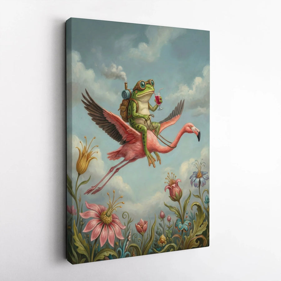 Steampunk Frog Riding Flamingo Canvas Print | Surreal Fantasy Painting | Premium Gallery Wrapped Canvas | Quirky Home Decor Gift