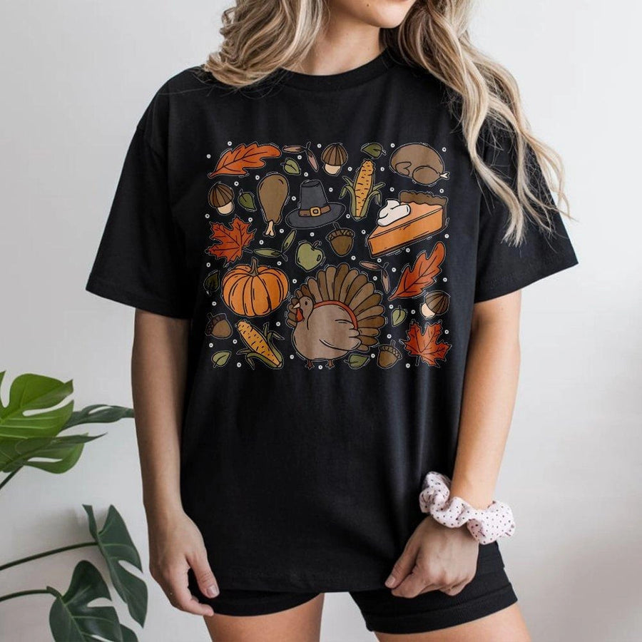 Thanksgiving Doodle T-Shirt | Fall Pumpkin Turkey Graphic | Premium Soft Cotton Tee | Cute Thanksgiving Outfit Gift for Women & Families