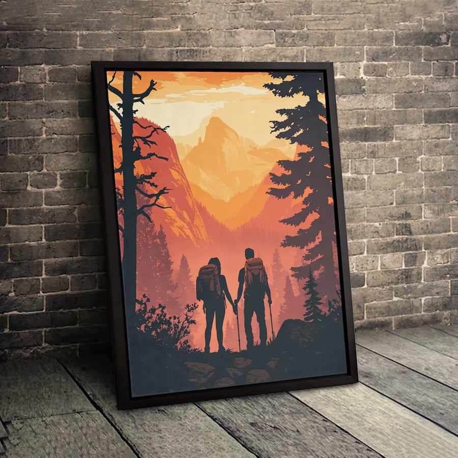 Hiking Couple Sunset Wall Art | Mountain Forest Silhouette Landscape | Premium Gallery-Wrapped Canvas | Adventure Gift for Couples and Hikers