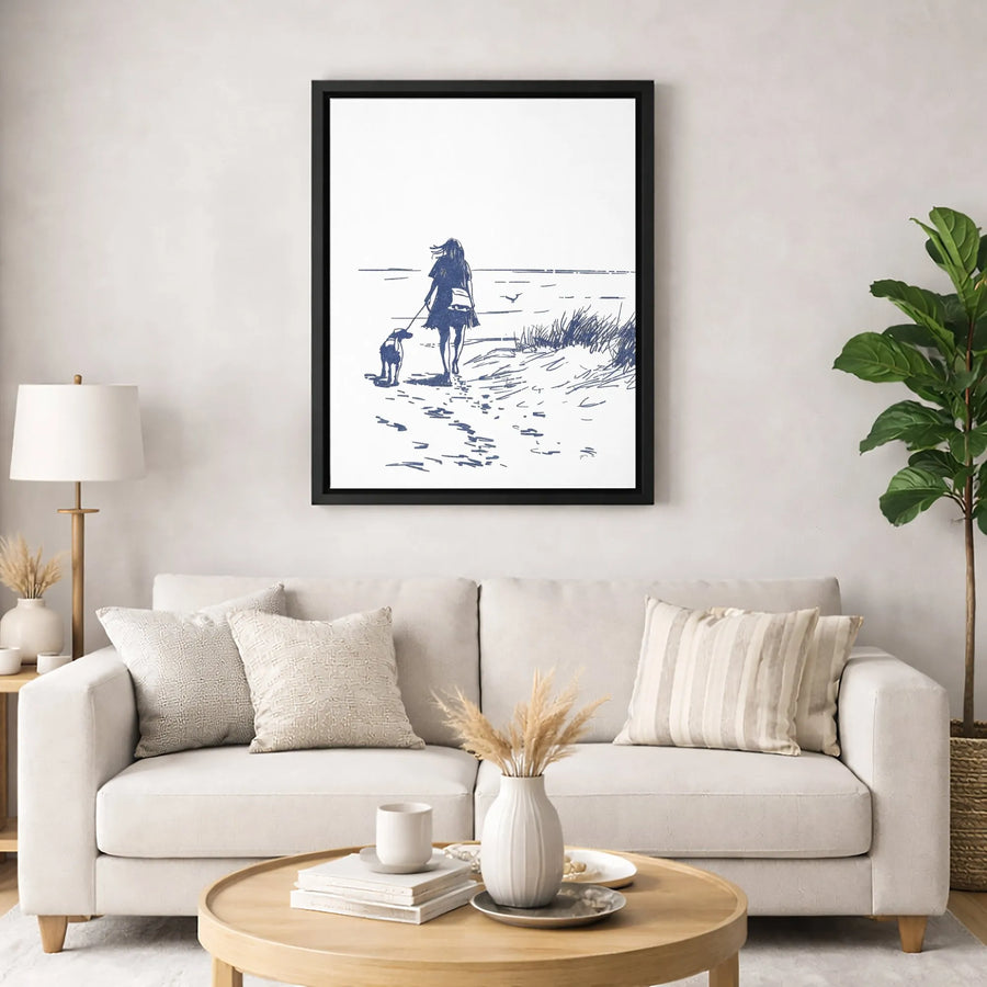 Woman Walking Dog Canvas Art | Coastal Beach Sketch Wall Decor | 1.25" Premium Gallery Wrapped Print | Minimalist Gift For Dog Lovers