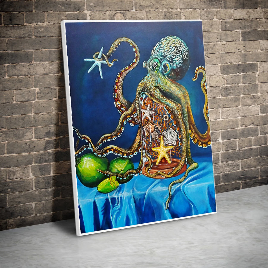 Octopus Wall Art Vertical Canvas | Surreal Kraken Painting with Starfish Jar | Premium Gallery Wrapped Print | Coastal Living Room Decor Gift