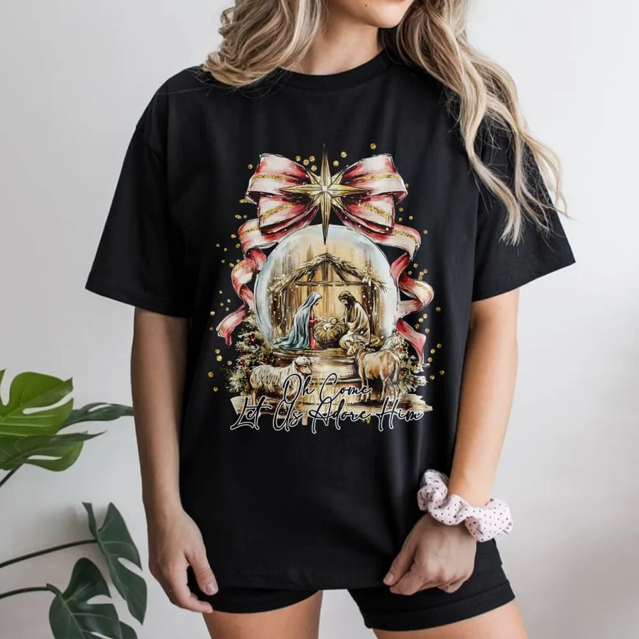 Nativity Scene T-Shirt | Oh Come Let Us Adore Him Graphic | Premium Soft Cotton Christian Christmas Tee | Religious Holiday Gift for Women & Men