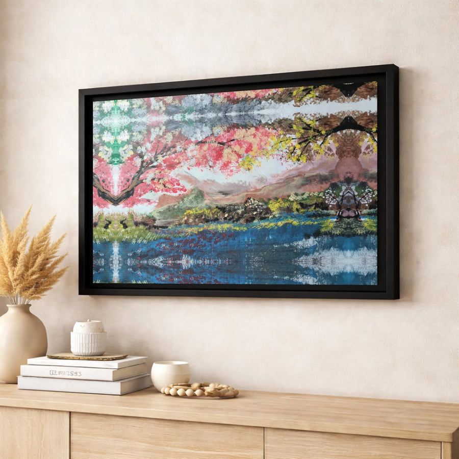 Abstract Landscape Canvas Wall Art | Symmetrical River & Forest Scene | Premium Fade-Resistant Gallery Wrap | Modern Home Office Decor Gift