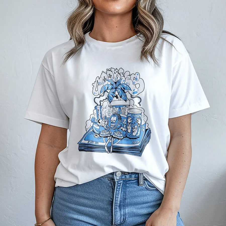 Streetwear Graphic T-Shirt | Cartoon Money Stacks and Palm Tree Design | Premium 100% Cotton | Urban Casual Style Gift for Men and Women