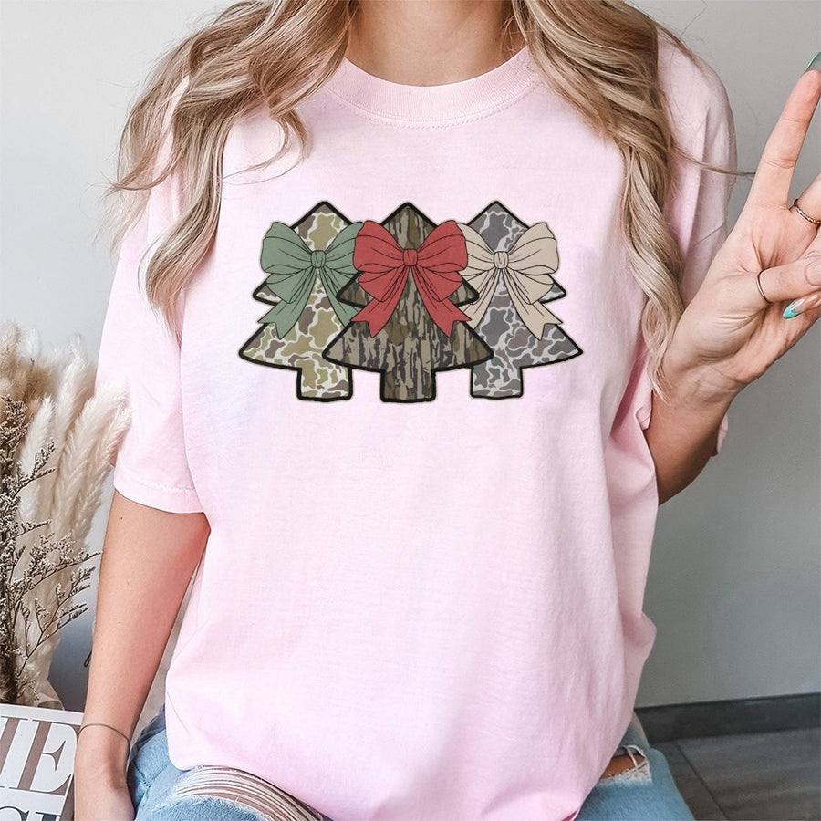 Camo Christmas Tree T-Shirt | Coquette Bow Holiday Graphic | Premium Cotton Unisex Tee | Country Hunting Lover Gift
