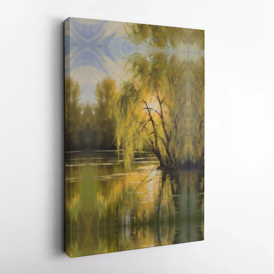 Weeping Willow Canvas Wall Art | Impressionist River Sunset Landscape | Premium Gallery Wrap Print | Serene Nature Decor for Living Room