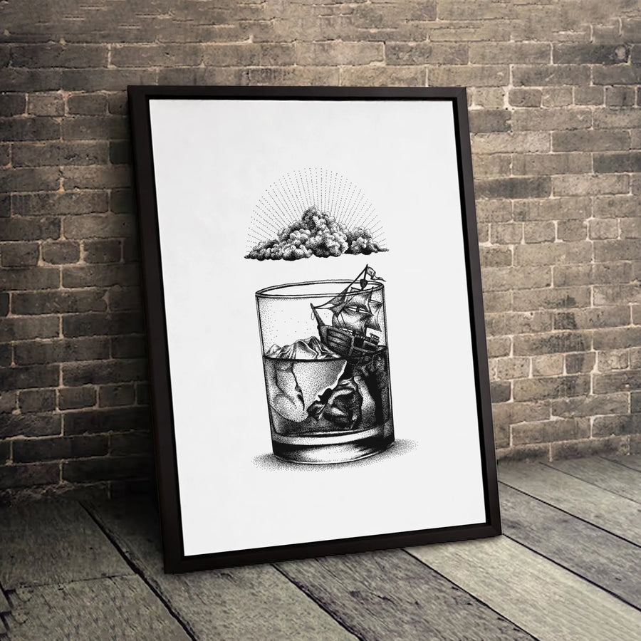Sailing Ship in Whiskey Glass Canvas | Surreal Dotwork Wall Art | Premium Fade-Resistant Print | Unique Home Decor Gift for Him