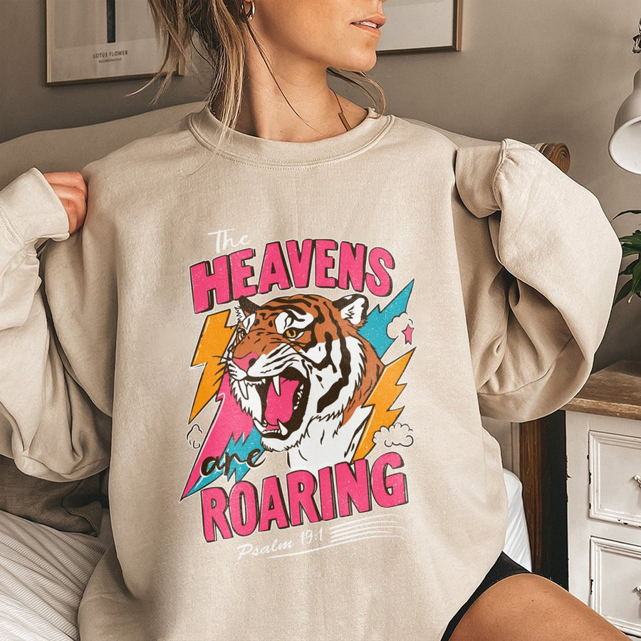 The Heavens Are Roaring Sweatshirt | Psalm 19:1 Bible Verse Graphic | Premium Cotton Blend Crewneck | Religious Christian Faith Gift