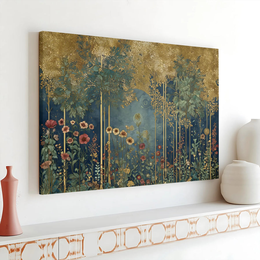 Art Nouveau Canvas Print | Gold Mosaic Enchanted Forest Wall Art | Premium Gallery Canvas | Botanical Living Room Decor Gift